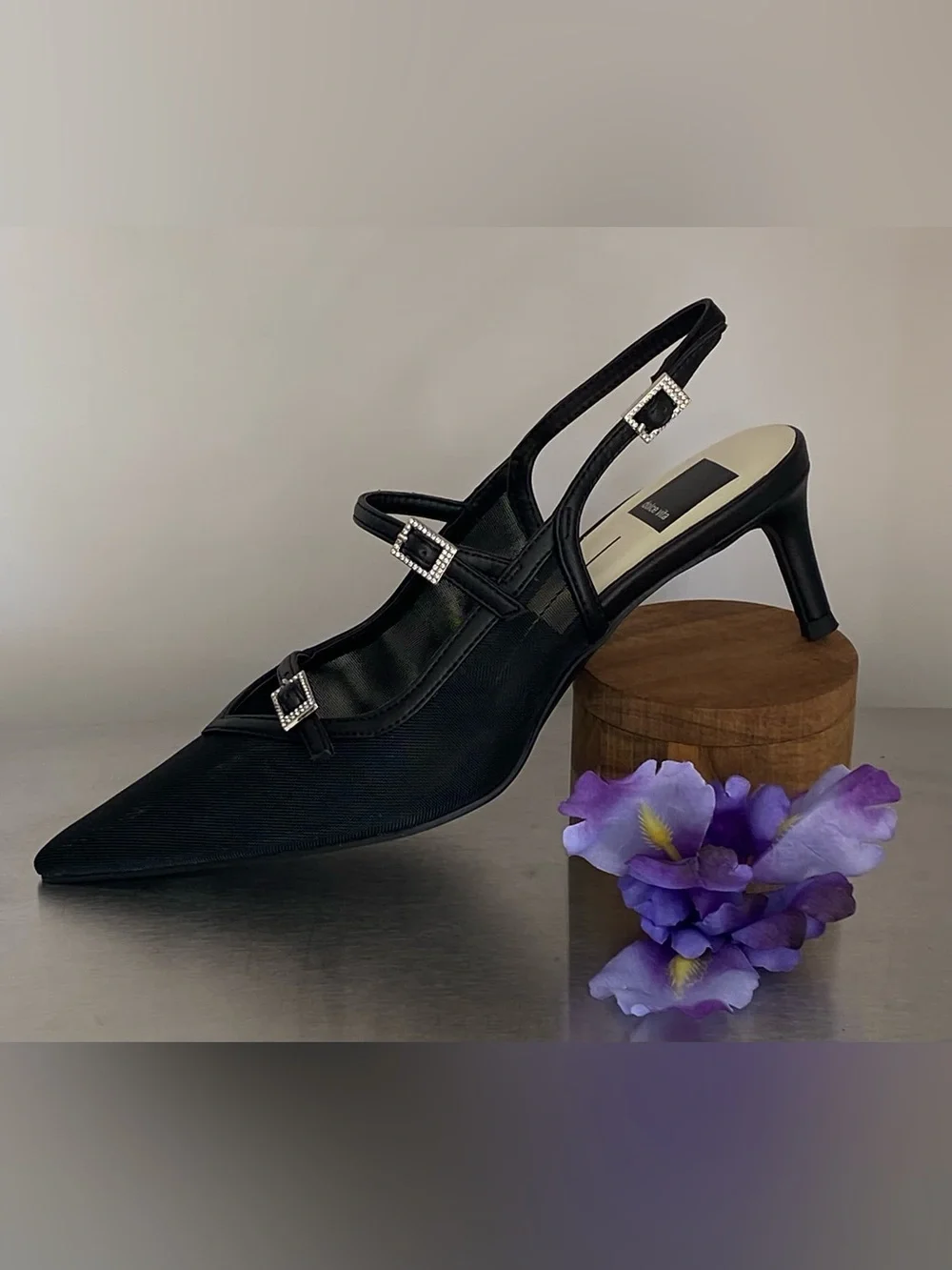 DOLCE VITA BLACK MESH KITTEN HEEL SLINGBACK PUMPS WITH RHINESTONE BUCKLES